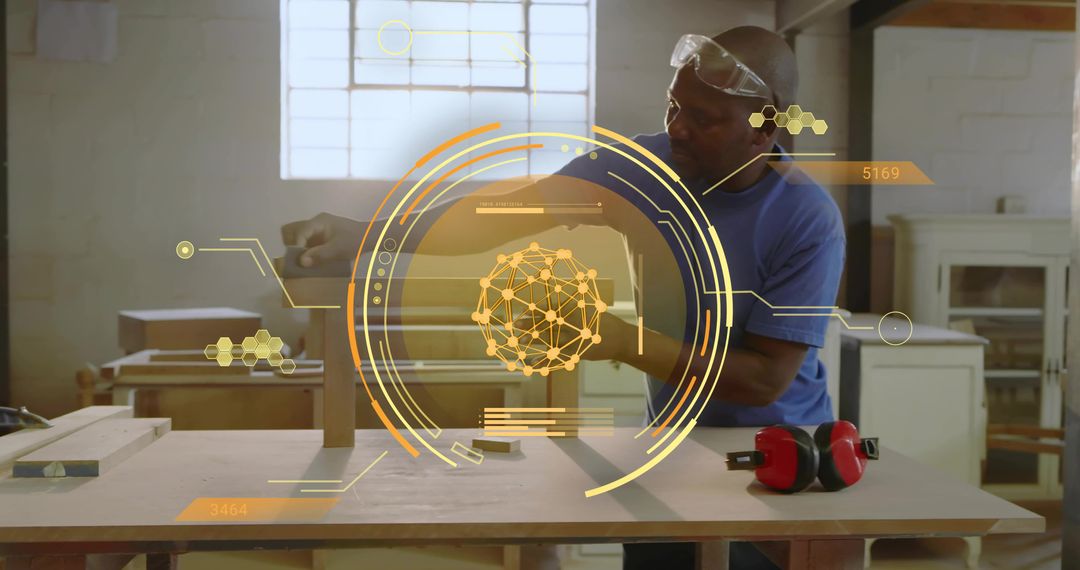 Carpenter Using Augmented Reality Overlay for Precision Woodworking and Measurement