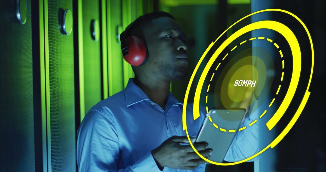 IT Engineer Analyzing Data with Digital Speed Gauge Overlay