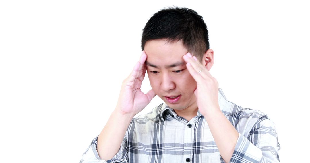 Stressed Asian Man Holding Head with Copy Space