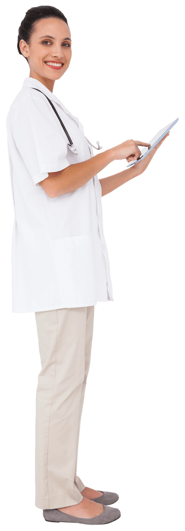 Smiling Nurse Using Tablet for Medical Records on Transparent Background