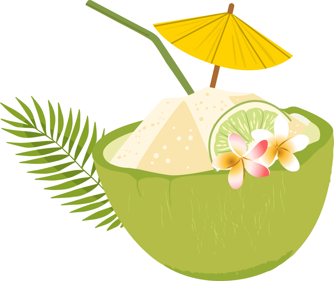 Tropical Coconut Drink with Ice and Umbrella on Transparent Background