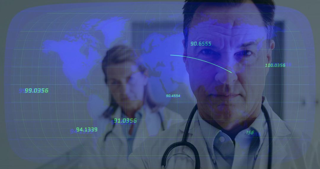 Doctor Analyzing Data with World Map Overlay in Clinic