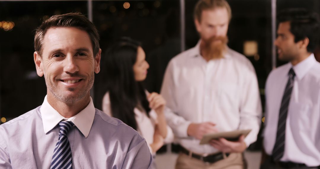 Confident Businessman Smiling with Team Collaborating in Background