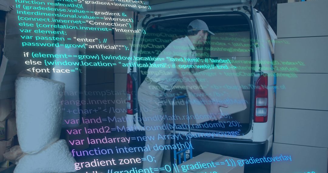 Delivery Worker Loading Van with Digital Code Overlay