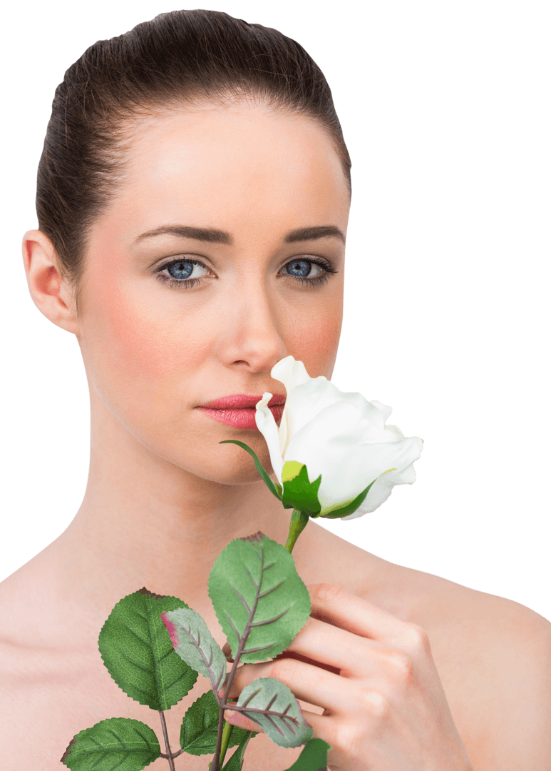 Serene Brunette Smelling Pure White Rose on Transparent Background