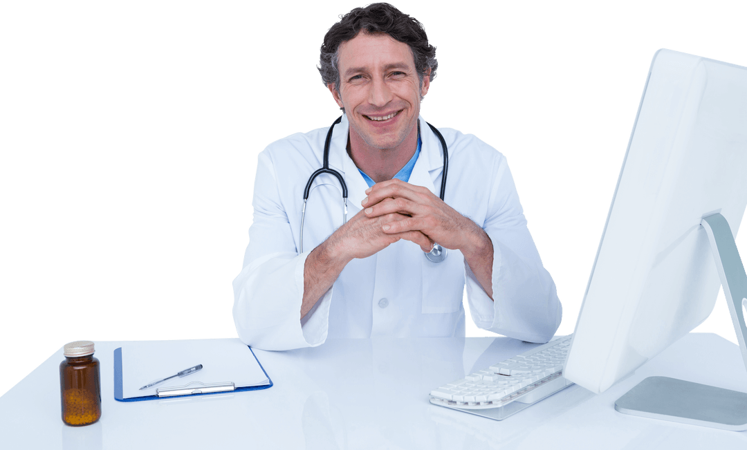 Friendly Doctor Sitting at Desk in Transparent Background
