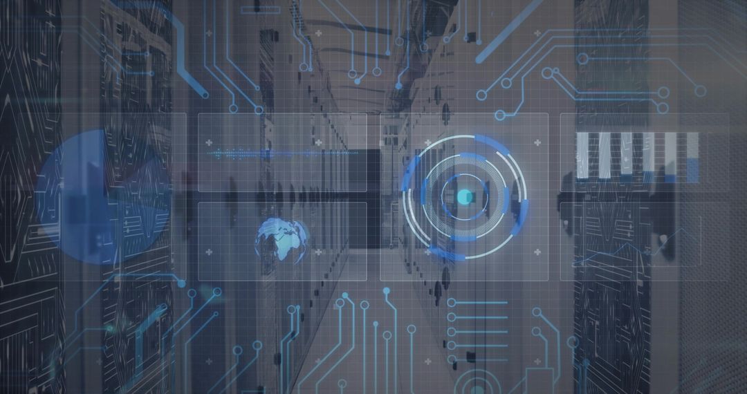 Futuristic Data Center HUD Overlay with Globe Radar and Network Visualization