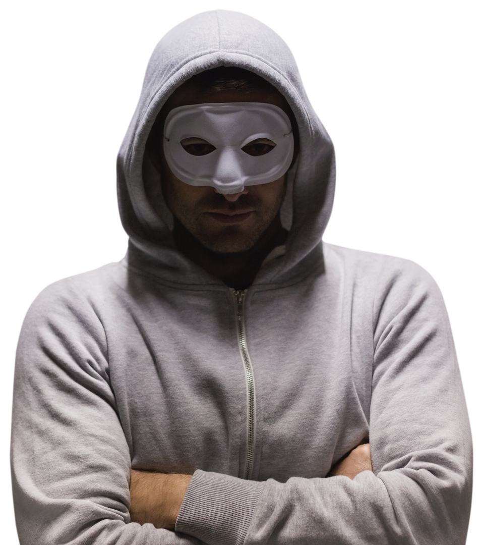 Transparent Hooded Figure in Mask Crossing Arms with Shadowy Background - Download Free Stock Images Pikwizard.com