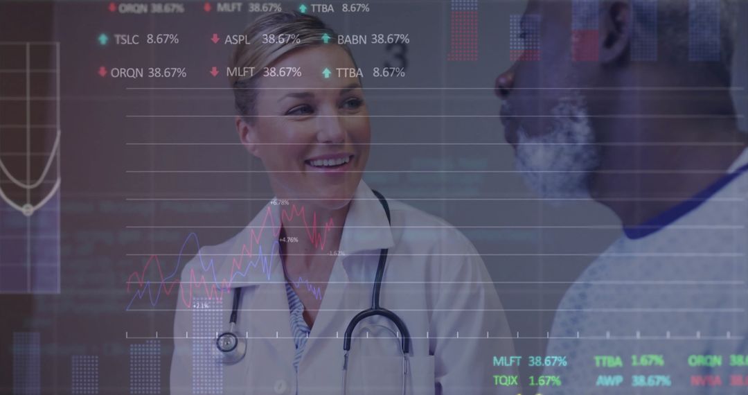 Diverse Female Doctor Discussing Patient Health with Stock Data Overlay