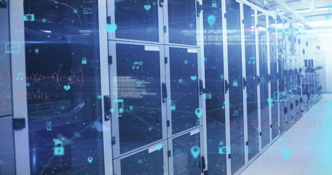 Digital Icons Overlaying High-Tech Data Servers in Modern IT Facility