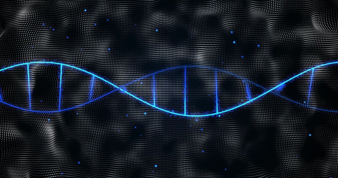 Glowing DNA Strand Against Digital Binary Background