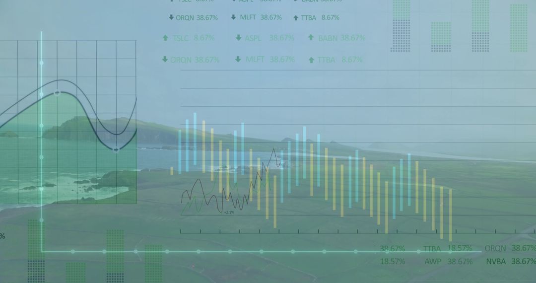 Digital Data Visualization Overlaid on Scenic Coastal Hillside