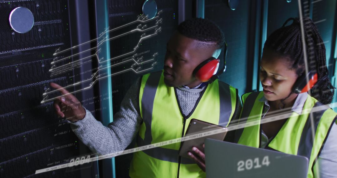 IT Professionals Analyzing Virtual Data in Server Room