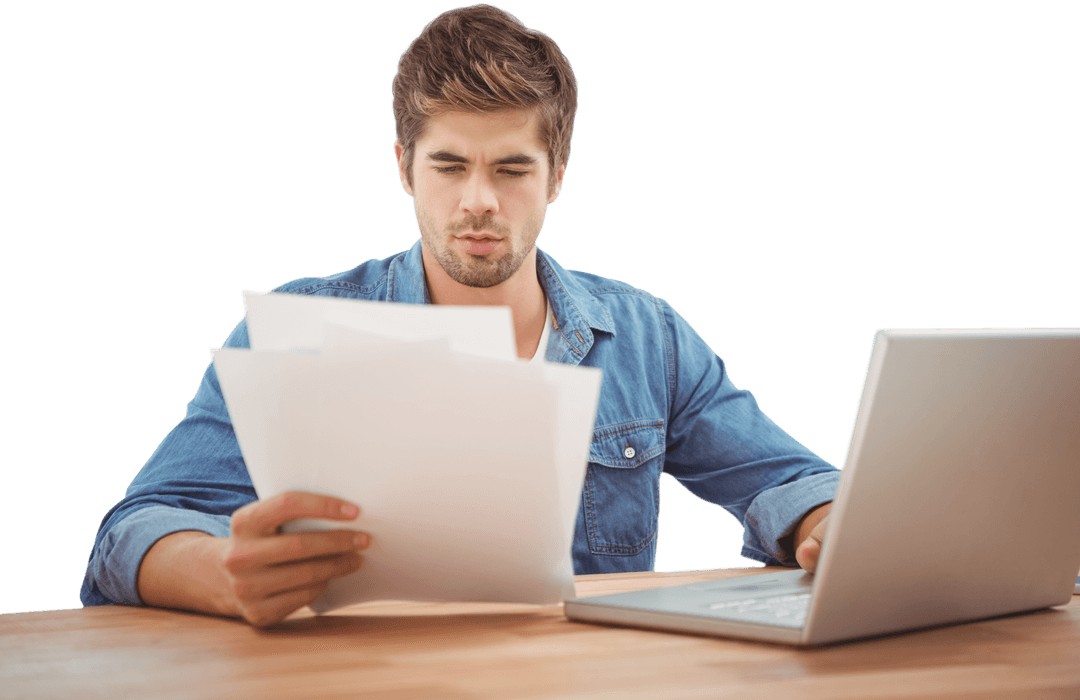 Transparent Young Man Reviewing Documents at Desk