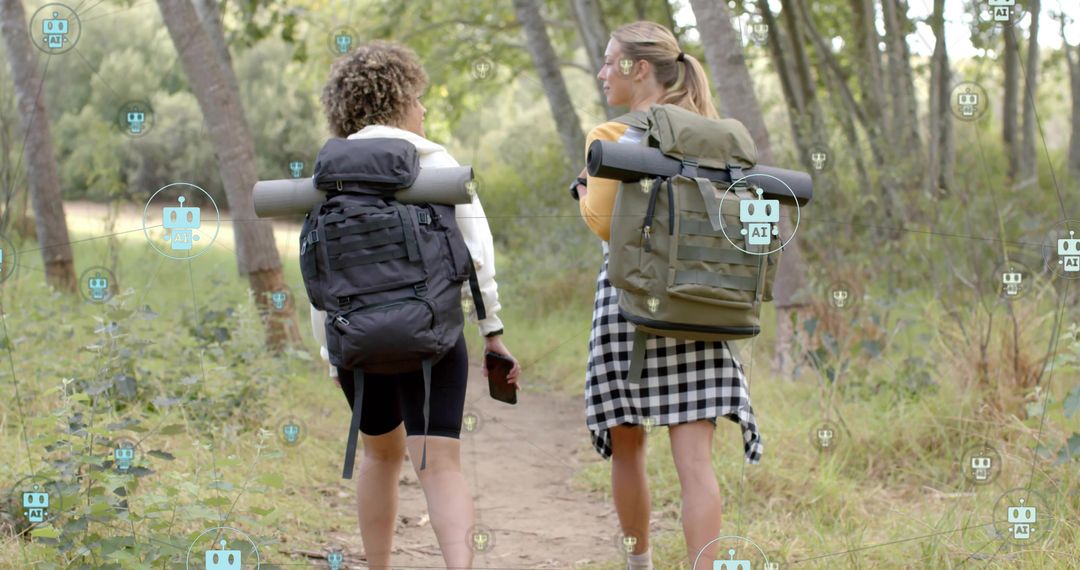 Hikers exploring pine trail wearing backpacks with AI overlays and smart trail navigation
