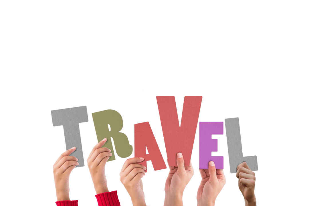 Transparent Letters Design Spelling Travel Held by Diverse Hands