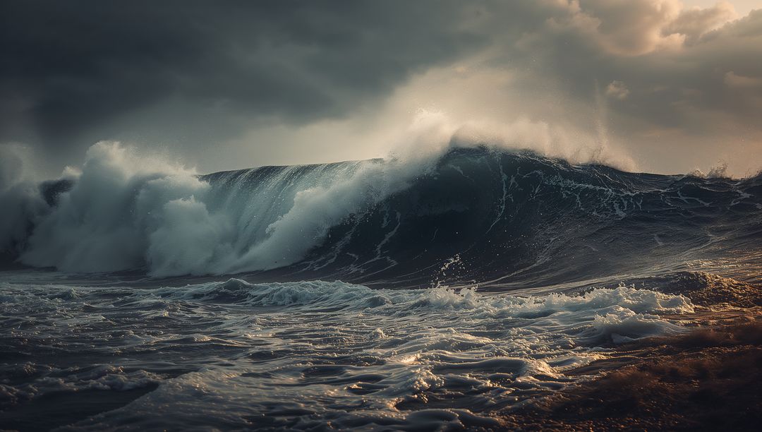 Dramatic Ocean Wave Understormy Sky with Dynamic Foam