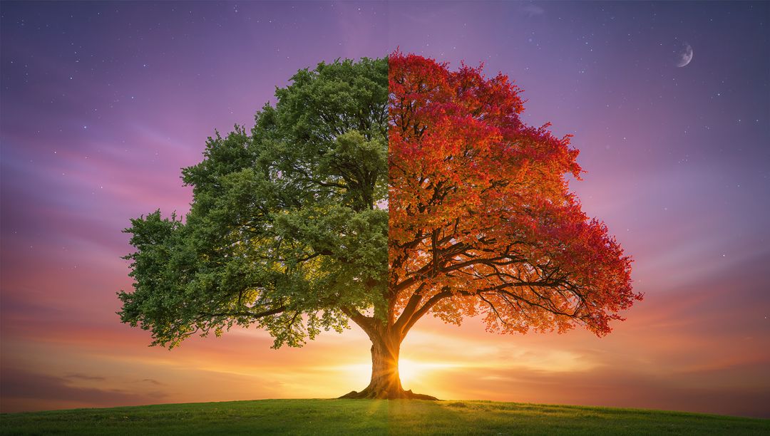 Tree with Contrasting Green and Red Leaves at Sunset
