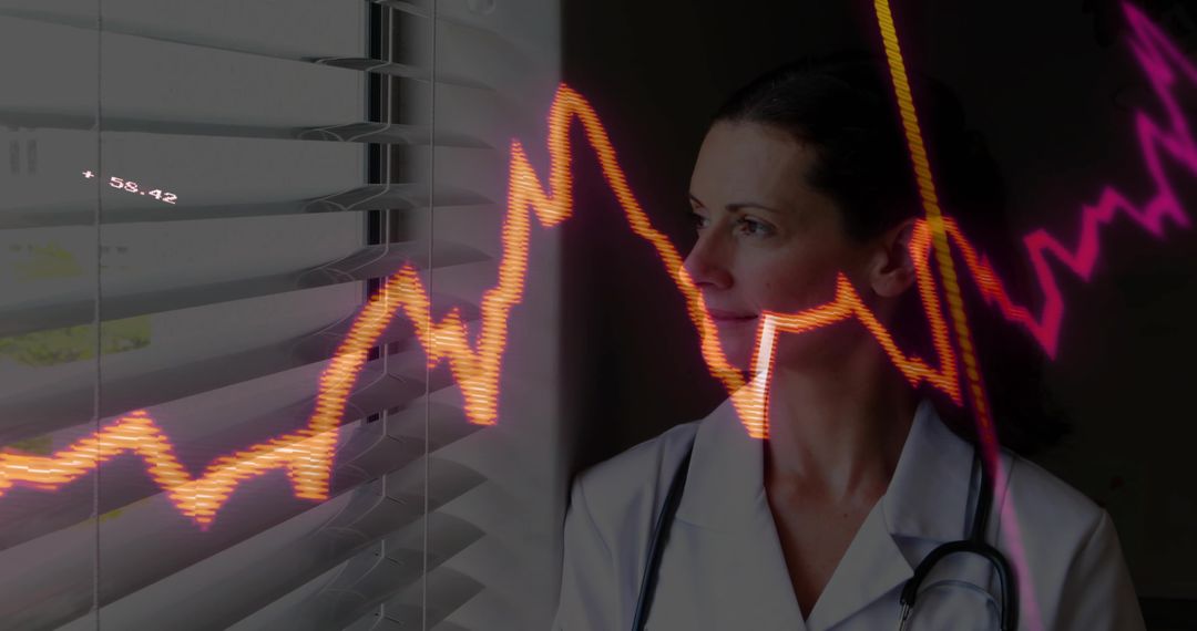 Female physician gazing through blinds with neon data graph overlay showing analysis