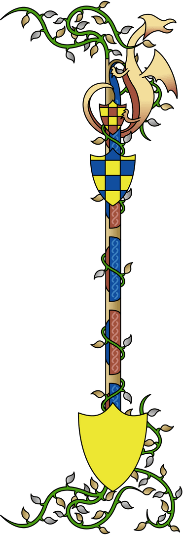 Antique Shovel Emblem with Heraldic Shields and Vines on Transparent Background