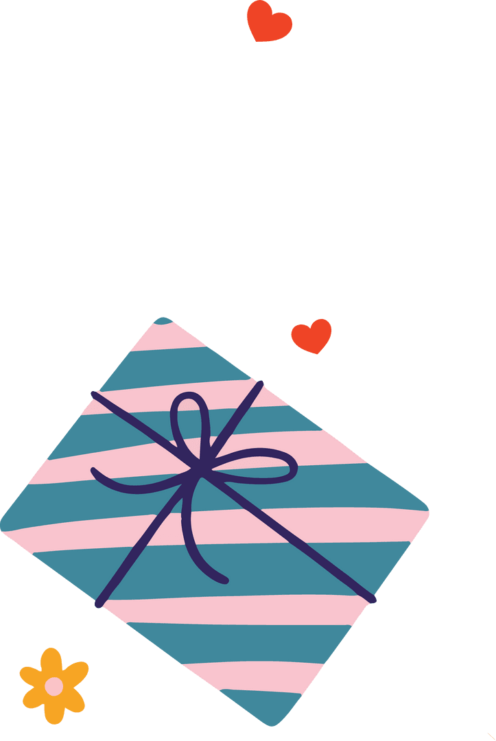 Teal-Pink Striped Gift Box with Hearts on Transparent Background