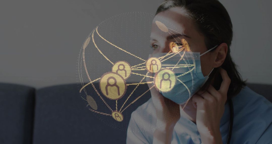 Tired Nurse Wearing Mask Visualized with Digital Networking