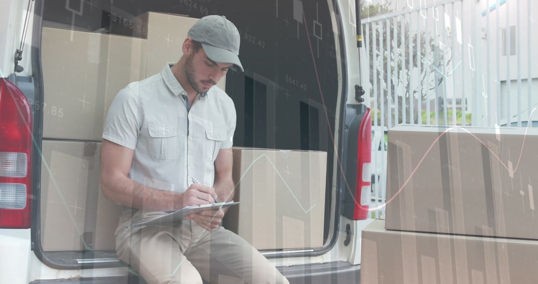 Delivery Person Checking Inventory Amid Logistics Data Visuals - Free Images, Stock Photos and Pictures on Pikwizard.com