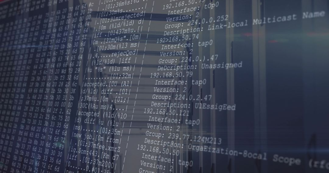 Server rack terminal displaying network logs and code overlay with glass reflections lab