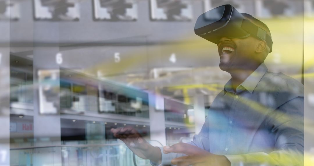 Man Experiencing Virtual Reality and Laughter with Headset