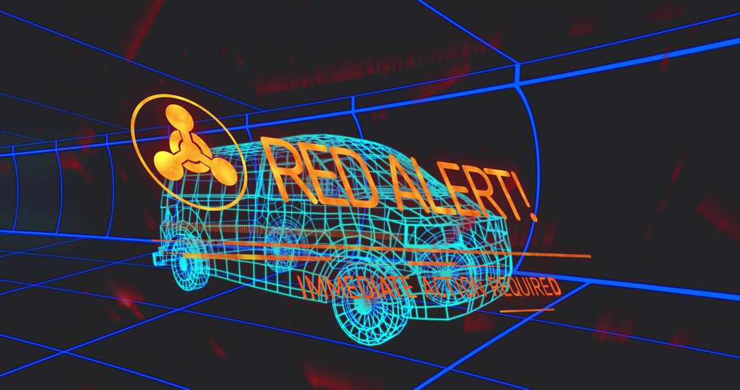 Virtual Car in Holographic Grid with Red Alert Warning
