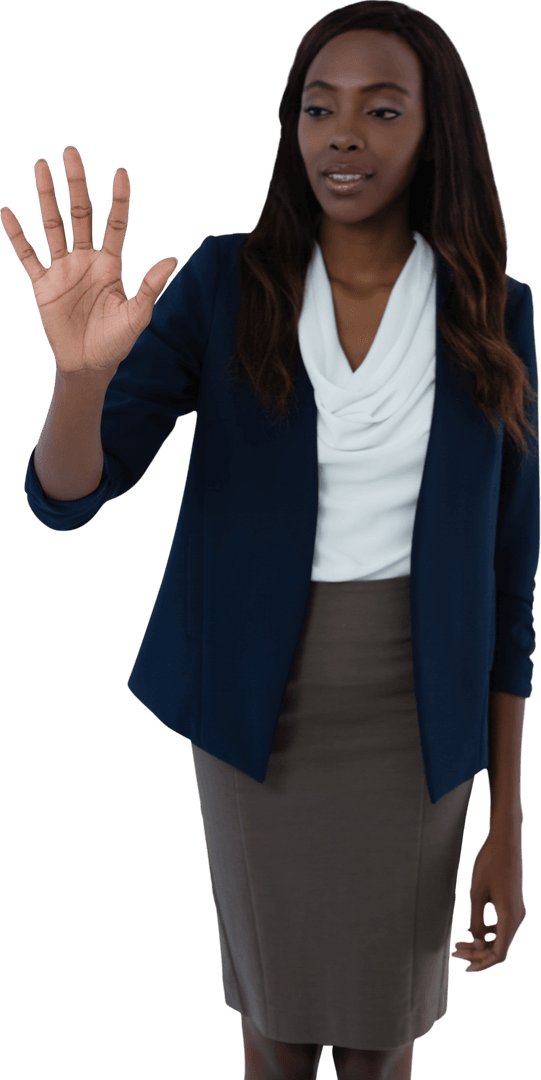 Transparent Businesswoman Engaging with Interactive Display Interface