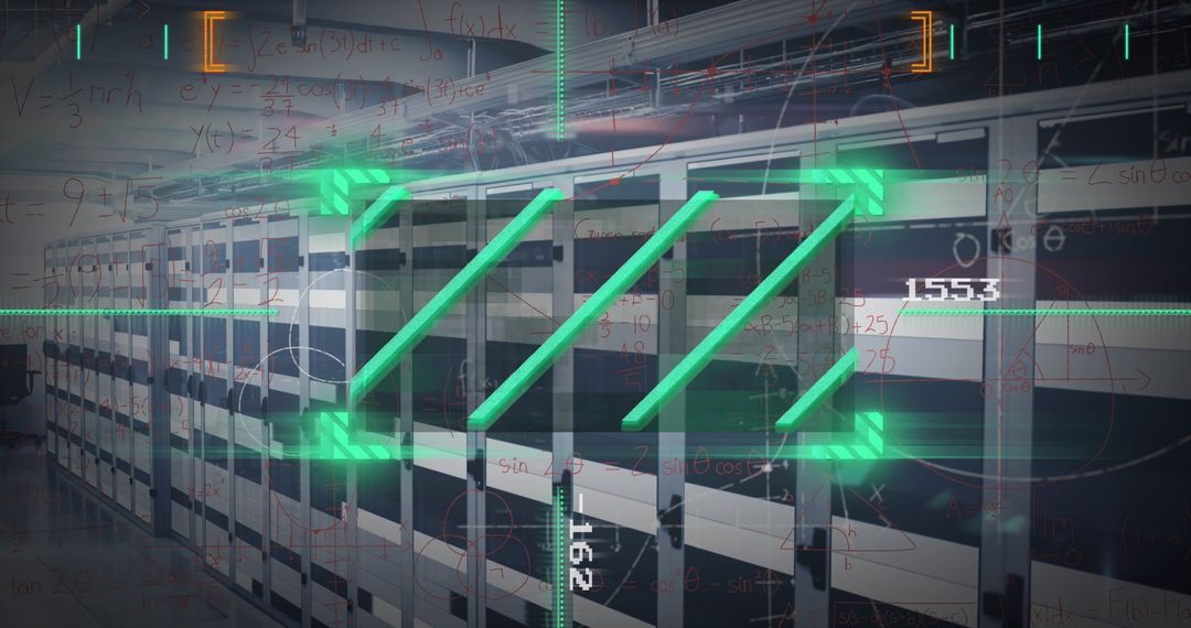 High-Tech Server Room with Digital Data Overlay Display