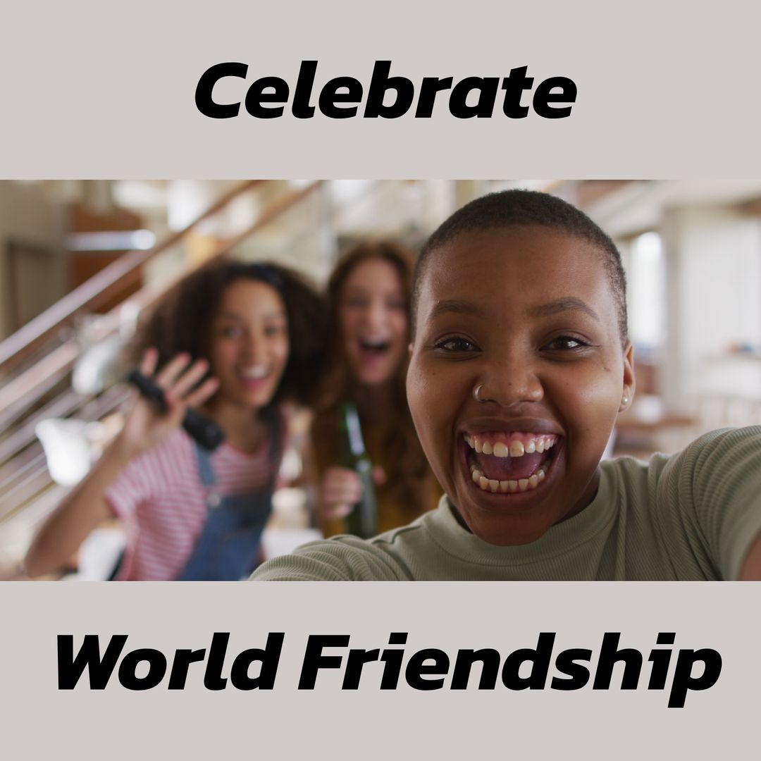 Composition of celebrate world friendship text over diverse female friends taking selfie at beach - Download Free Stock Templates Pikwizard.com