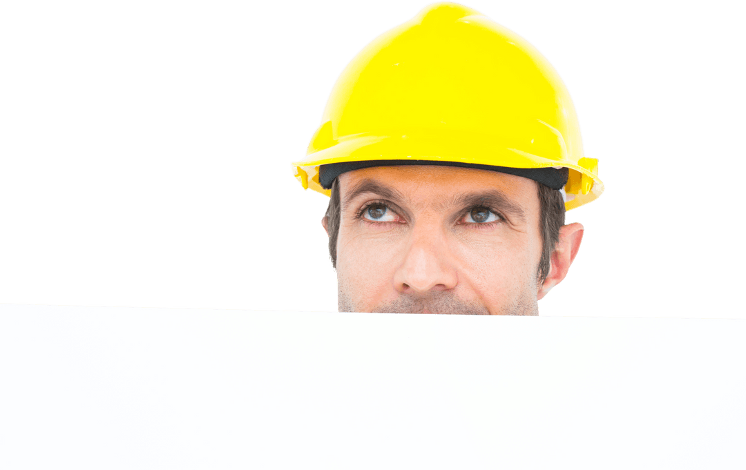 Thoughtful Male Architect Holding Blank Billboard with Yellow Hard Hat