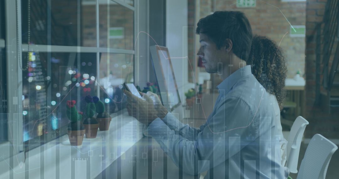 Caucasian Businessman Analyzing Data on Tablet Overlooking Cityscape