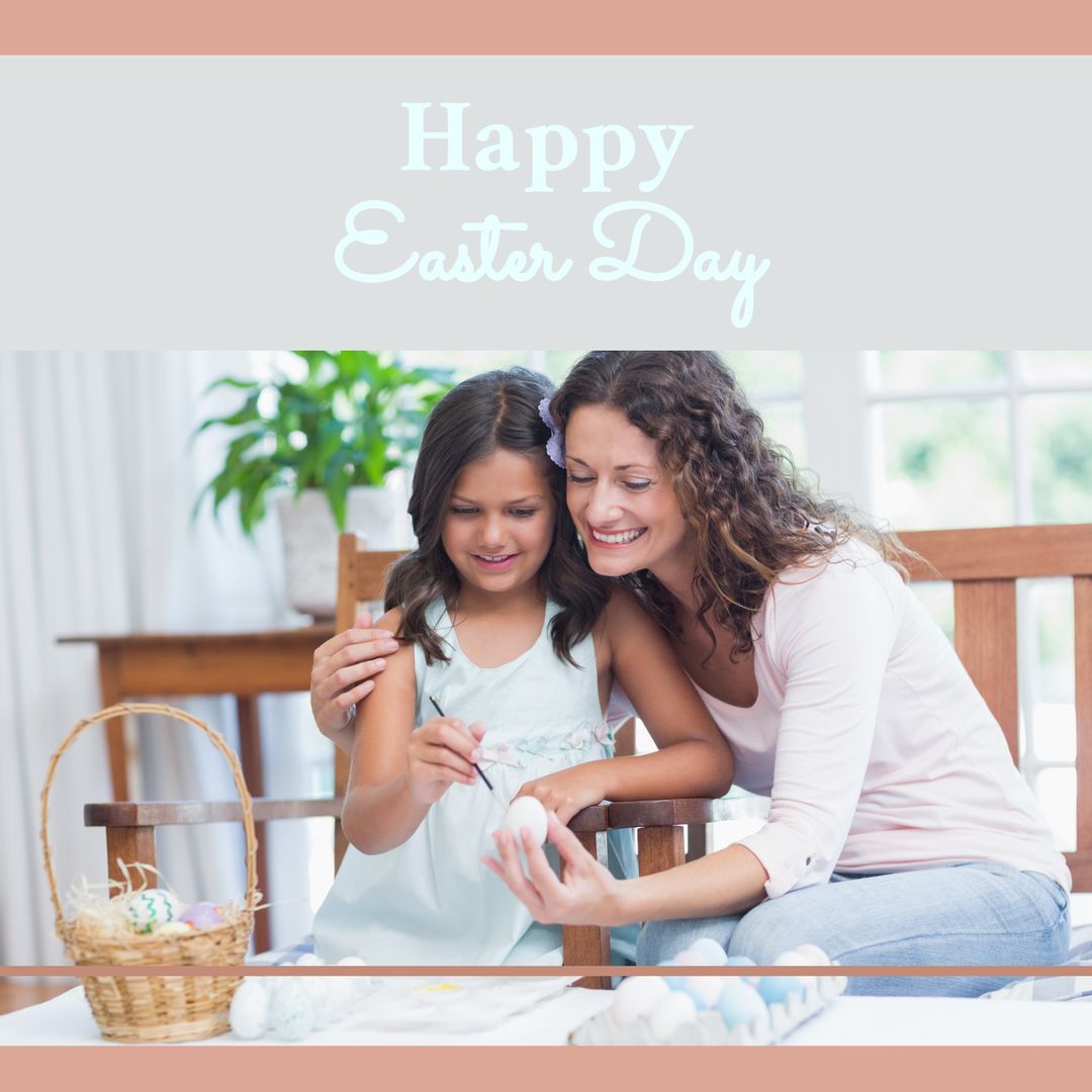 Mother and Daughter Celebrating Easter Decorating Eggs