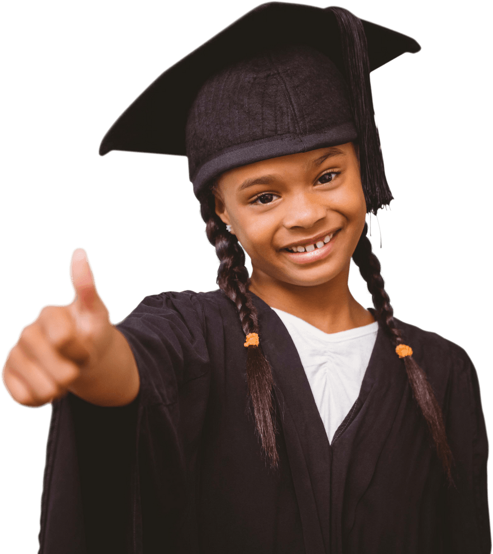 Smiling Schoolgirl in Graduation Gown Giving Thumb Up on Transparent Background