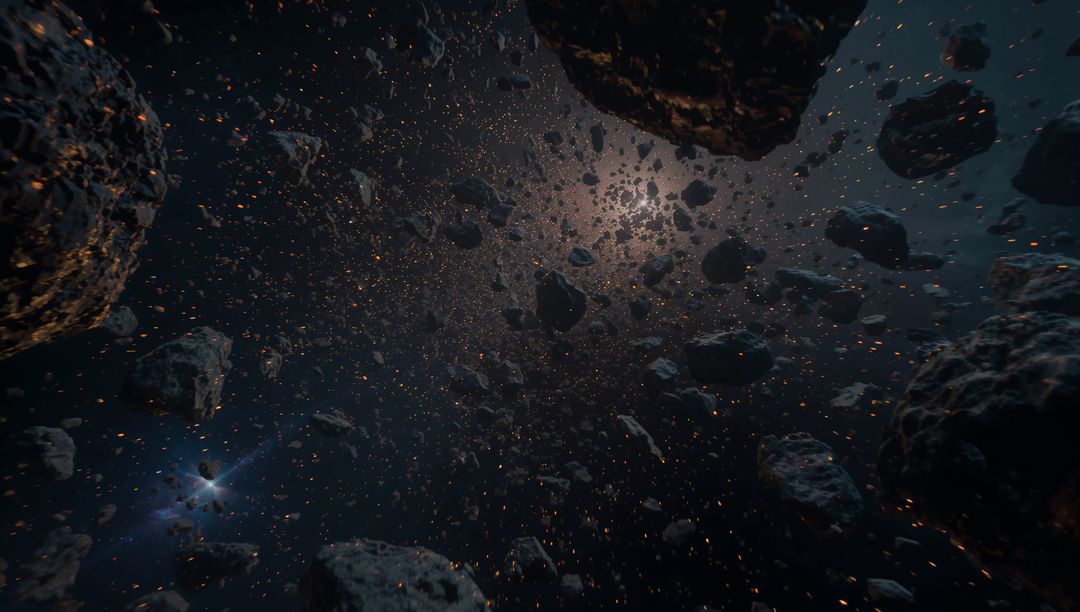 Drifting Asteroid Field with Glowing Ember Fragments, Nebula Glow and Scattered Sparks