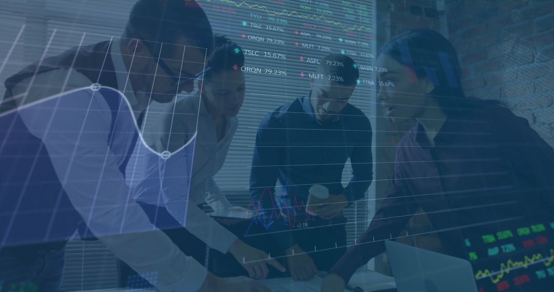 Diverse Team Collaborating on Stock Market Analysis with Digital Charts