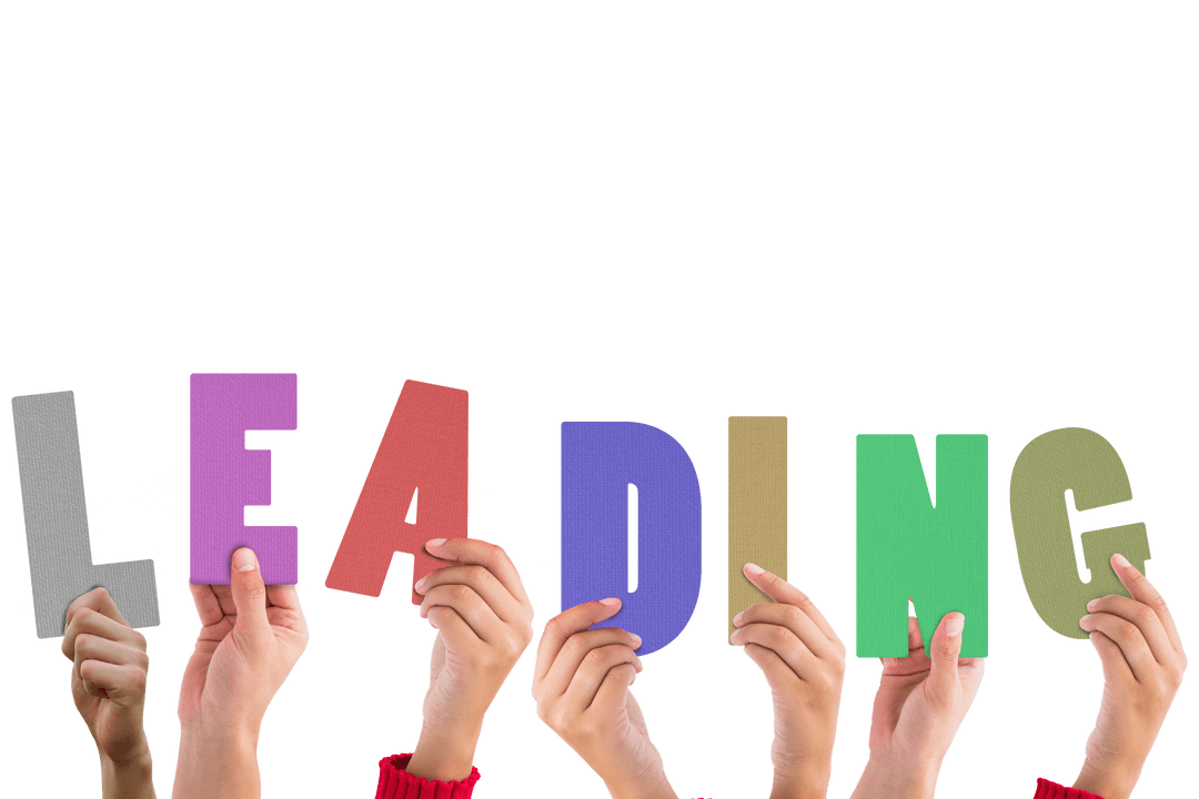 Hands Holding Colorful Leading Text on Transparent Background