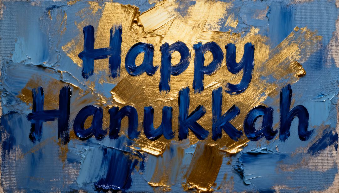 Handlettered Happy Hanukkah Gold Leaf on Blue Impasto Canvas with Metallic Texture