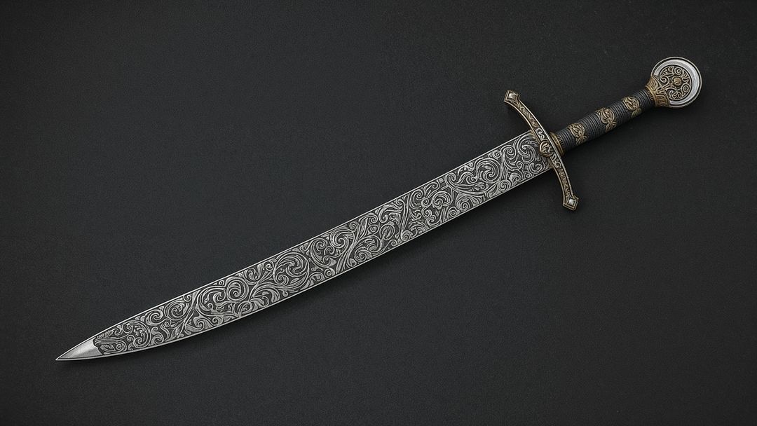 Ornate Medieval Sword with Intricate Engraving on a Pedestal