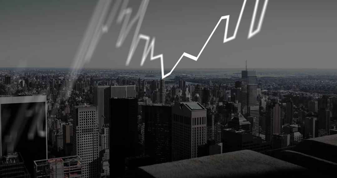 Monochrome Metropolis Skyline with Upward Financial Chart Overlay from Rooftop Ledge