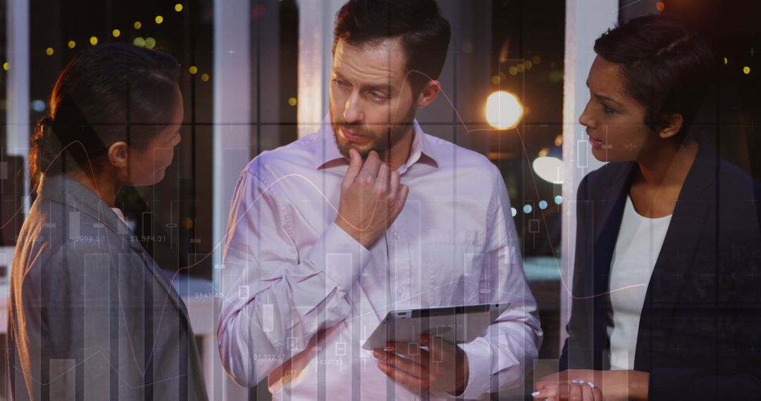 Diverse Professionals Discussing Financial Data with Digital Overlays
