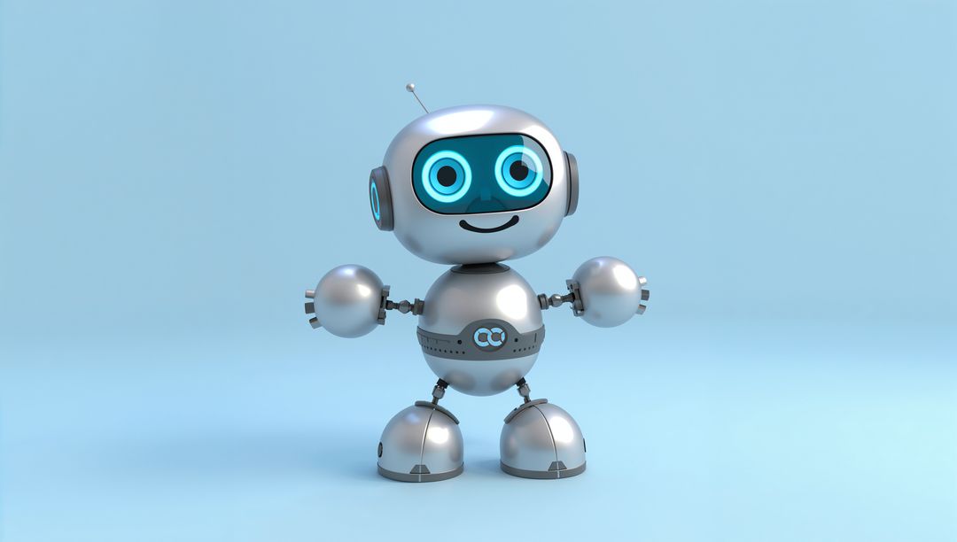Friendly silver robot standing with glowing blue eyes, antenna, jointed limbs and dome feet