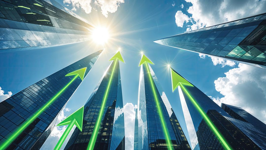 Upward Trend Concept with Neon Arrows and Skyscrapers