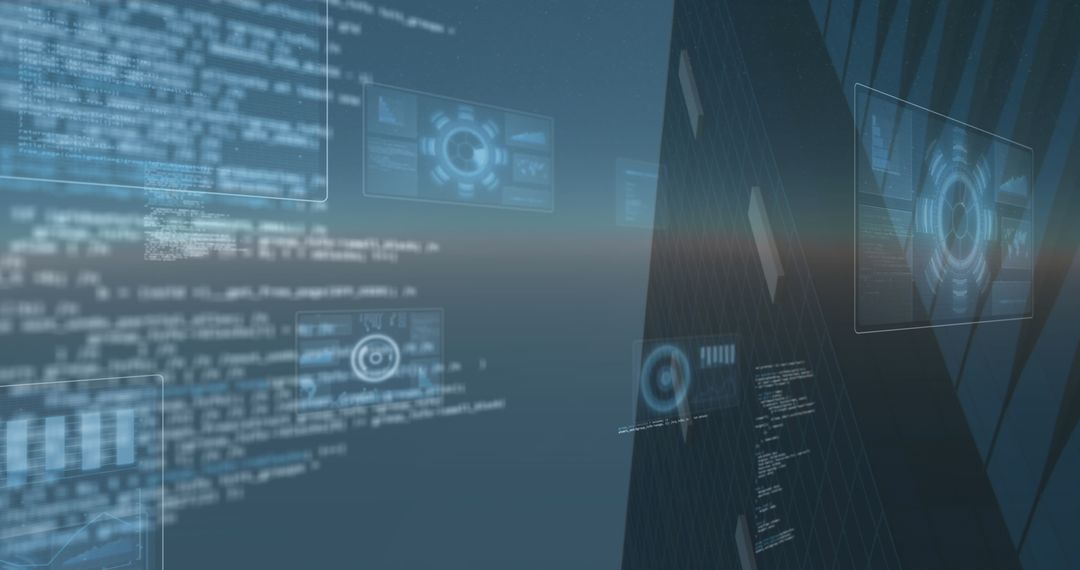 Holographic Data Monitors Analyzing Skyscraper