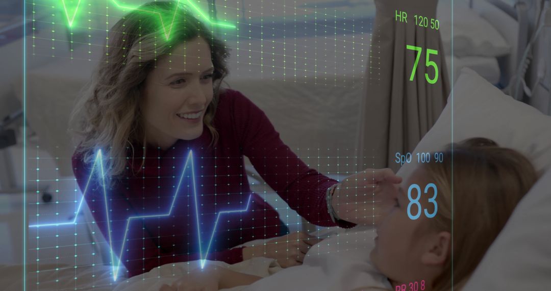 Doctor Caring for Young Patient with Digital Data Overlay