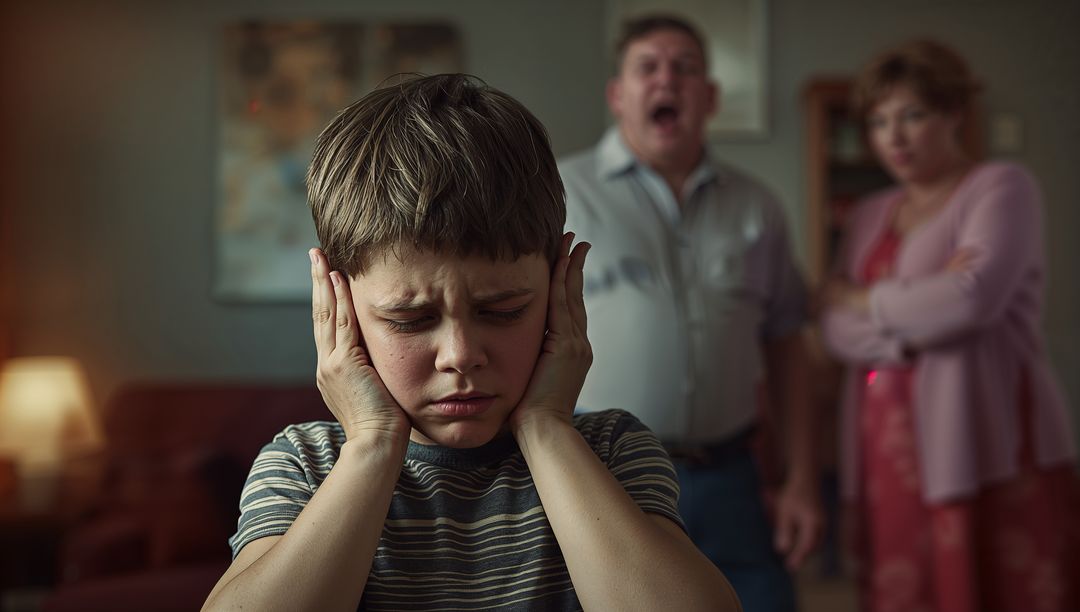 Stressed Child Blocking Ears in Tense Family Argument