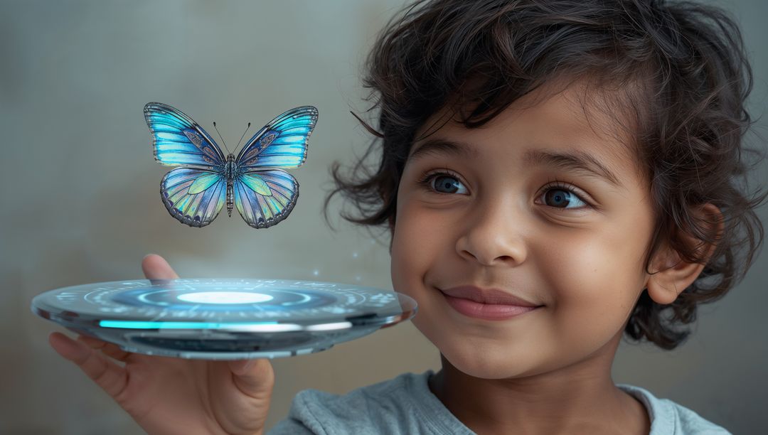 Child holding glowing circular platform watching holographic blue-green butterfly